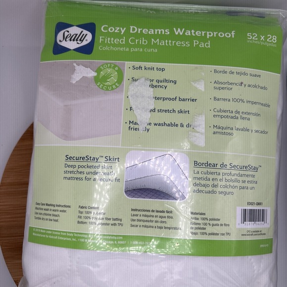 New Sealy Crib Mattress Pad Cozy Dreams Waterproof Fitted White 52x28 ED021-QWX1 - Picture 2 of 3